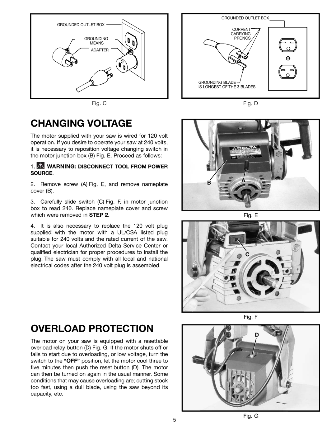 Delta 33-830 instruction manual Changing Voltage, Overload Protection 