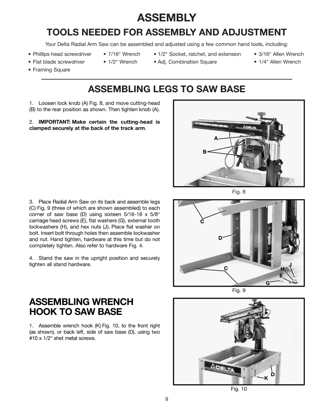 Delta 33-830 instruction manual Tools Needed for Assembly and Adjustment, Assembling Legs to SAW Base 