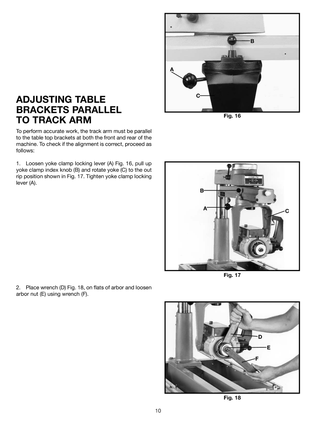 Delta 33-890, 33-892, 33-891 instruction manual Adjusting Table Brackets Parallel to Track ARM 