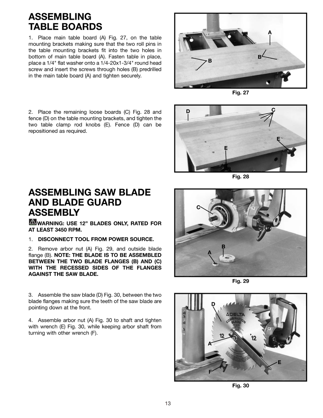 Delta 33-890, 33-892, 33-891 instruction manual Assembling Table Boards, Assembling SAW Blade and Blade Guard Assembly 