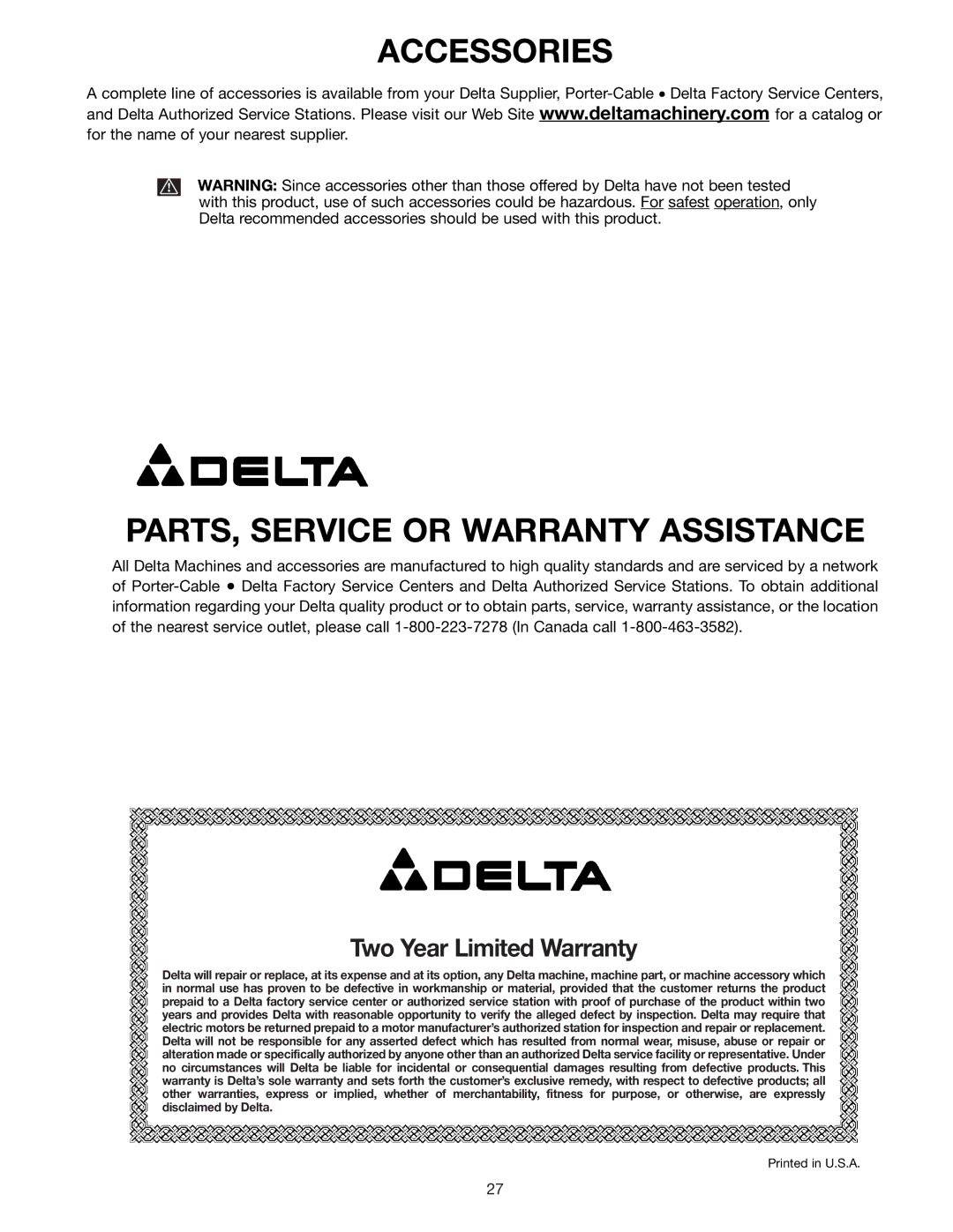 Delta 33-892, 33-890, 33-891 instruction manual Accessories PARTS, Service or Warranty Assistance 