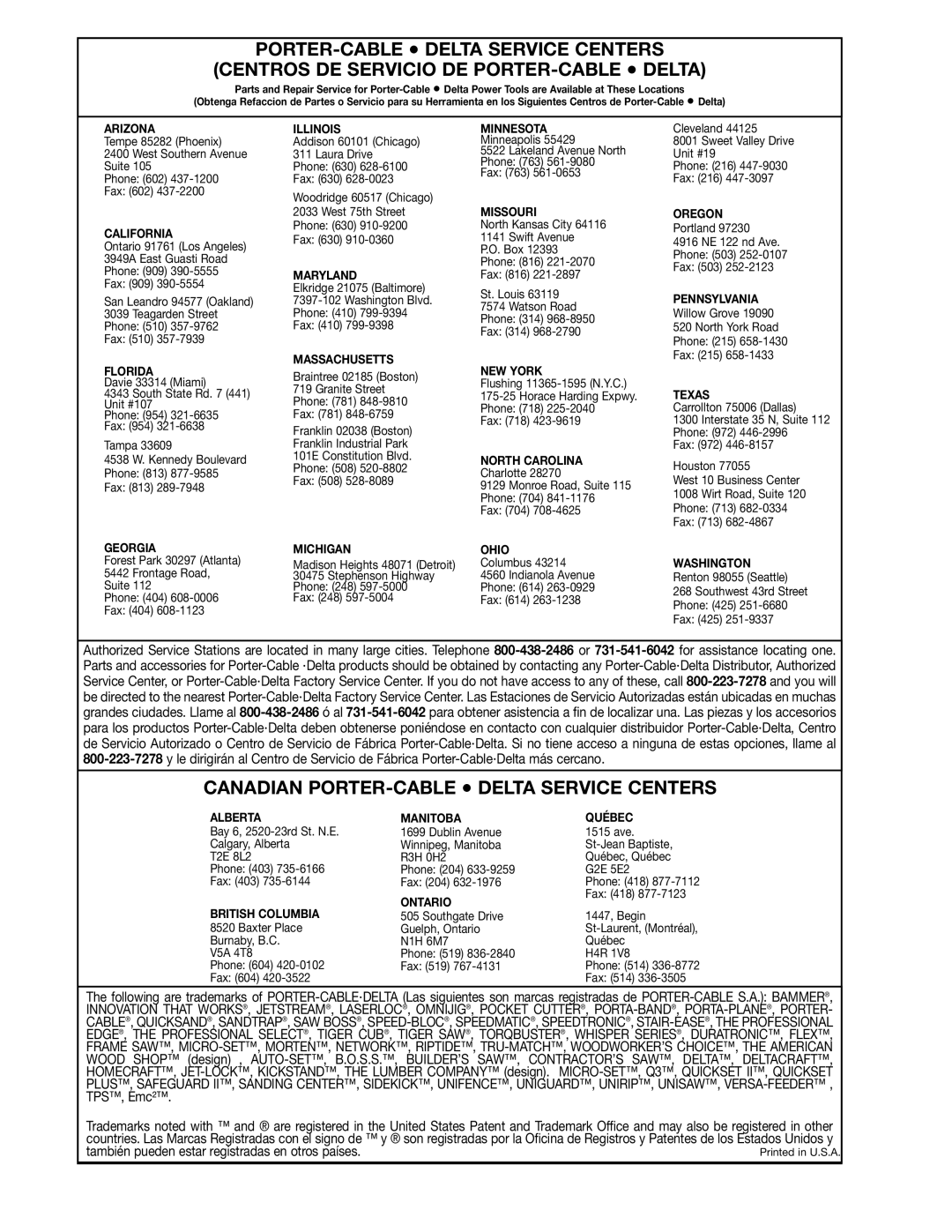 Delta 33-890, 33-892, 33-891 instruction manual Canadian PORTER-CABLE Delta Service Centers 