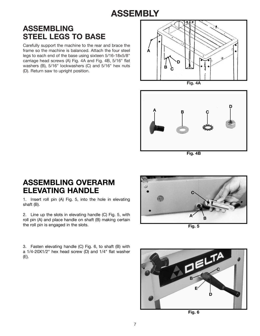 Delta 33-890, 33-892, 33-891 instruction manual Assembly, Assembling Steel Legs to Base, Assembling Overarm Elevating Handle 