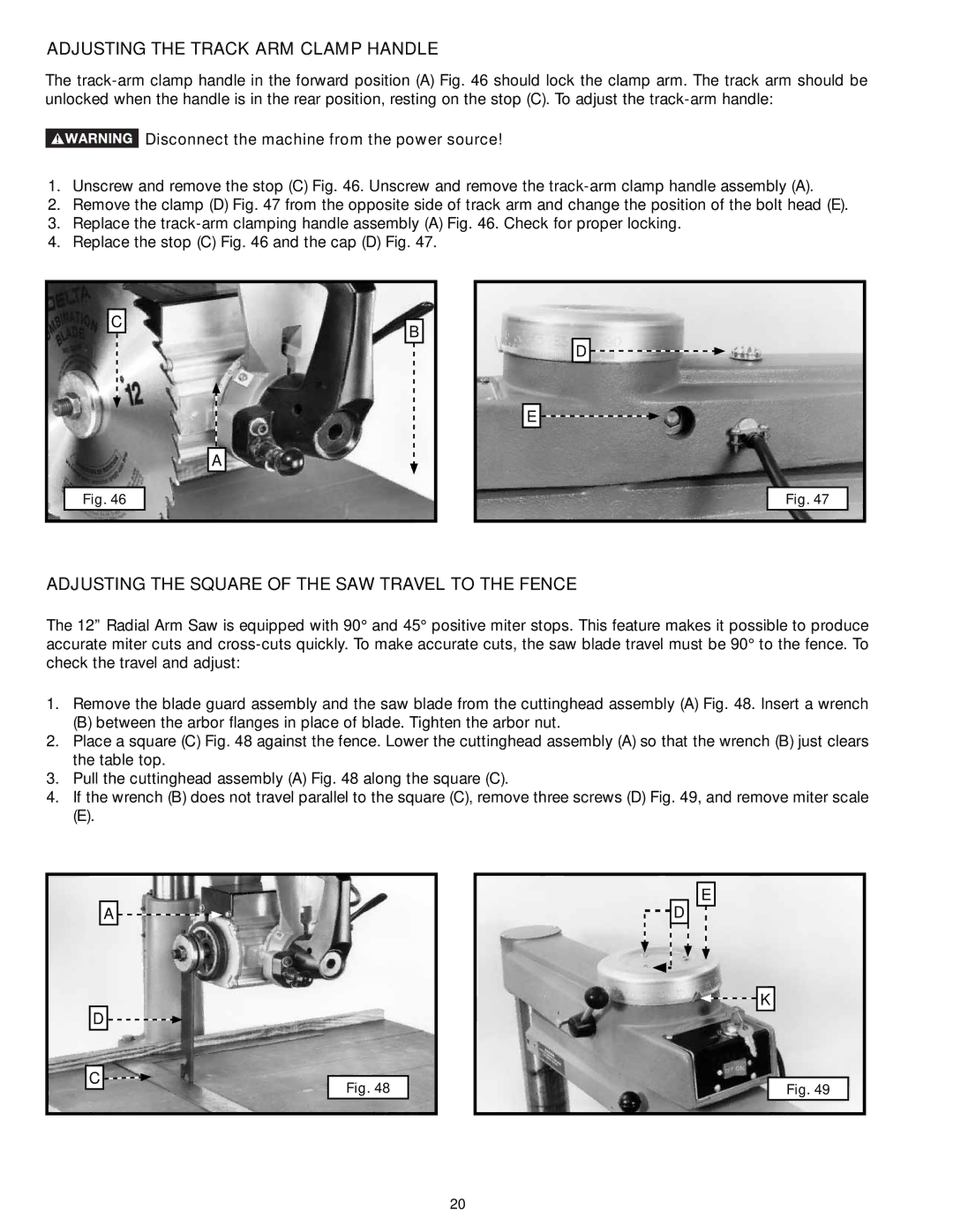 Delta 33-892, 33-890, 33-895X Adjusting the Track ARM Clamp Handle, Adjusting the Square of the SAW Travel to the Fence 