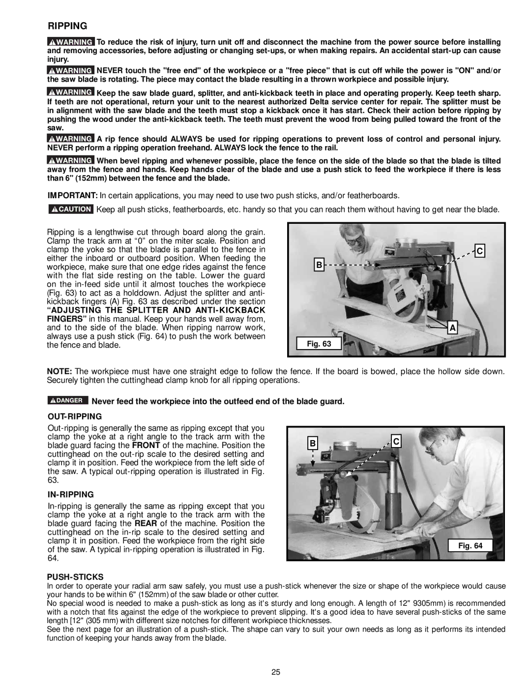 Delta 33-890, 33-892, 33-895X, 33-891 instruction manual Out-Ripping, In-Ripping, Push-Sticks 