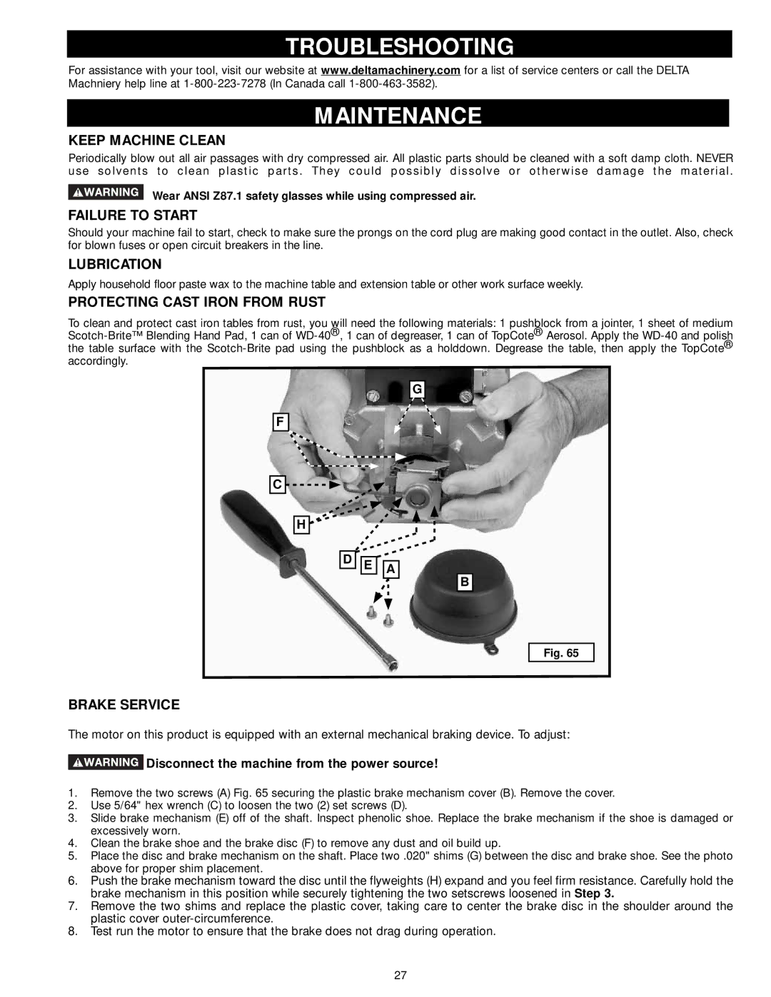 Delta 33-891, 33-892, 33-890, 33-895X instruction manual Troubleshooting Maintenance 