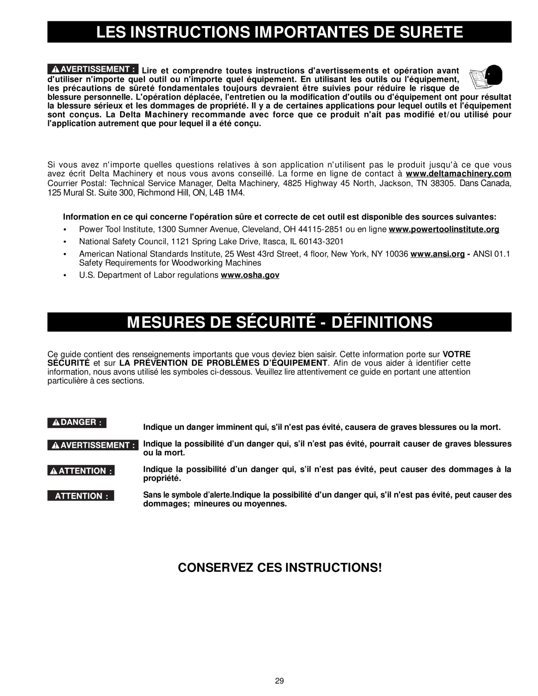 Delta 33-890, 33-892 LES Instructions Importantes DE Surete, Mesures DE Sécurité Définitions, Conservez CES Instructions 