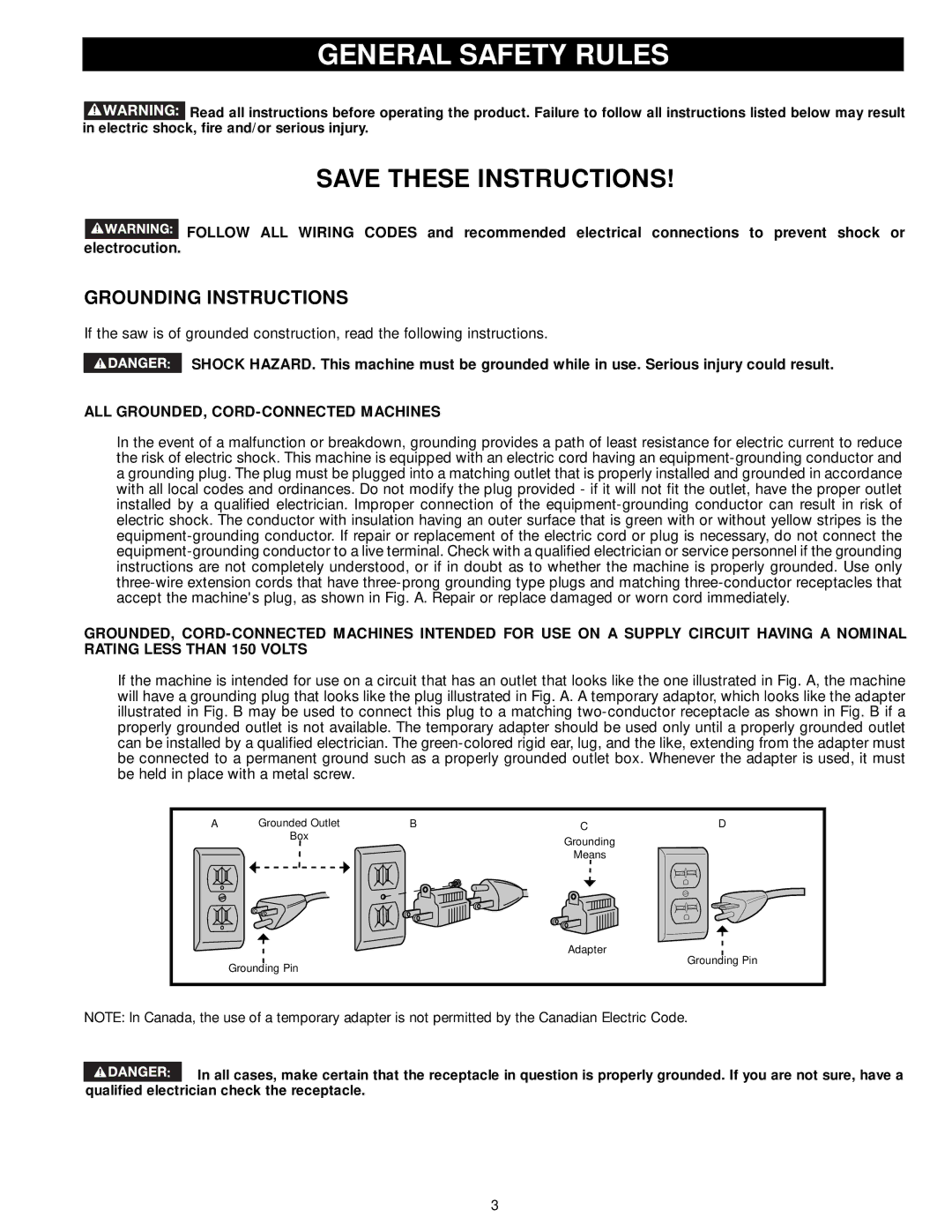 Delta 33-891, 33-892, 33-890, 33-895X instruction manual General Safety Rules, ALL GROUNDED, CORD-CONNECTED Machines 