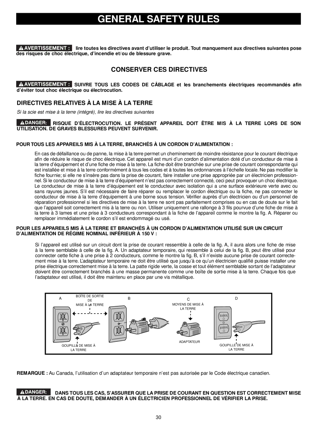 Delta 33-895X, 33-892, 33-890, 33-891 instruction manual Conserver CES Directives, Directives Relatives À LA Mise À LA Terre 