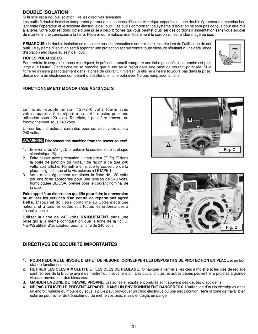 Delta 33-891, 33-892, 33-890 Double Isolation, Directives DE Sécurité Importantes, Fonctionnement Monophasé À 240 Volts 