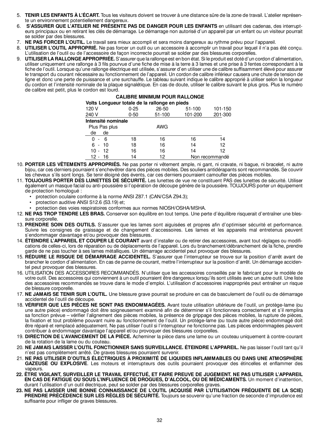 Delta 33-892, 33-890, 33-895X, 33-891 instruction manual Calibre Minimum Pour Rallonge 