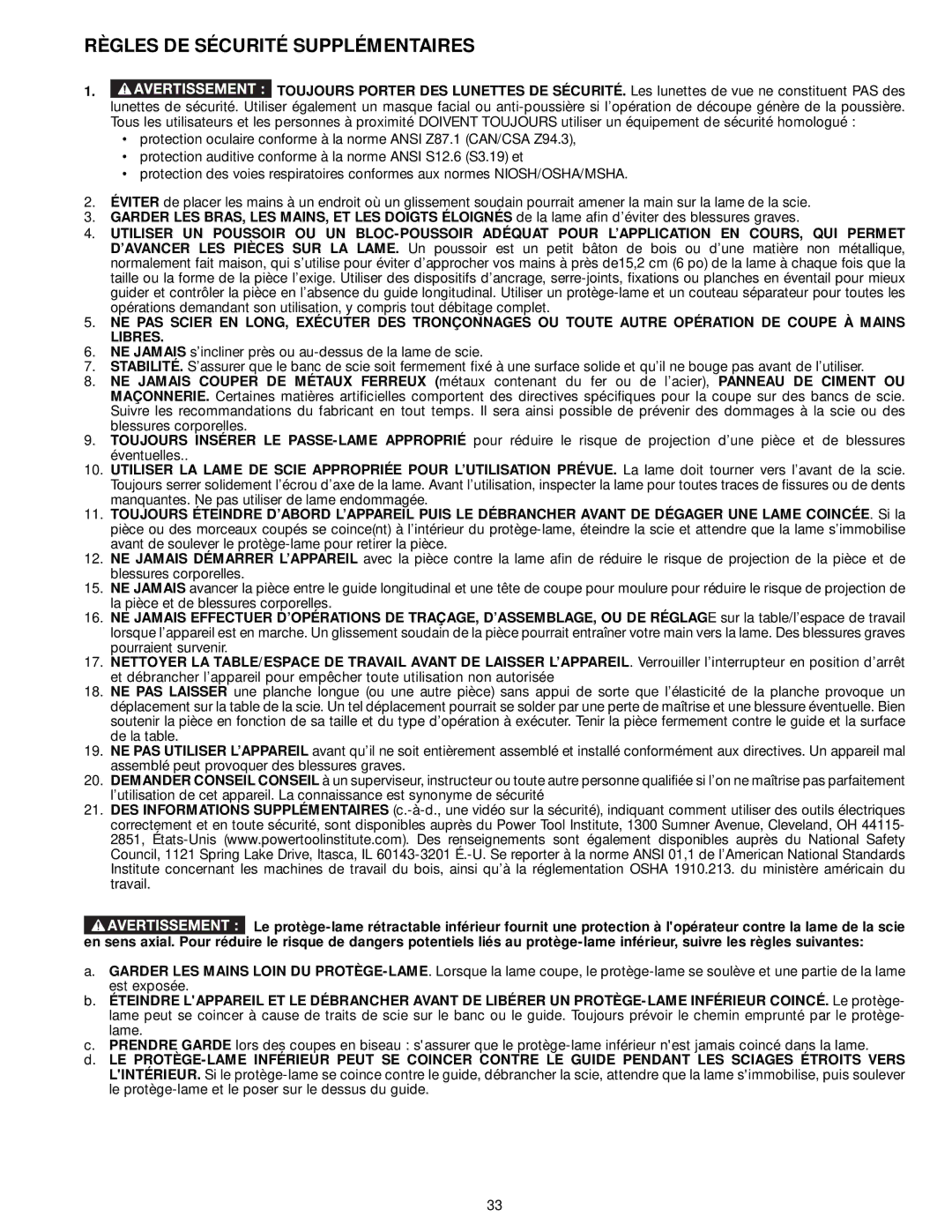 Delta 33-890, 33-892, 33-895X, 33-891 instruction manual Règles DE Sécurité Supplémentaires 