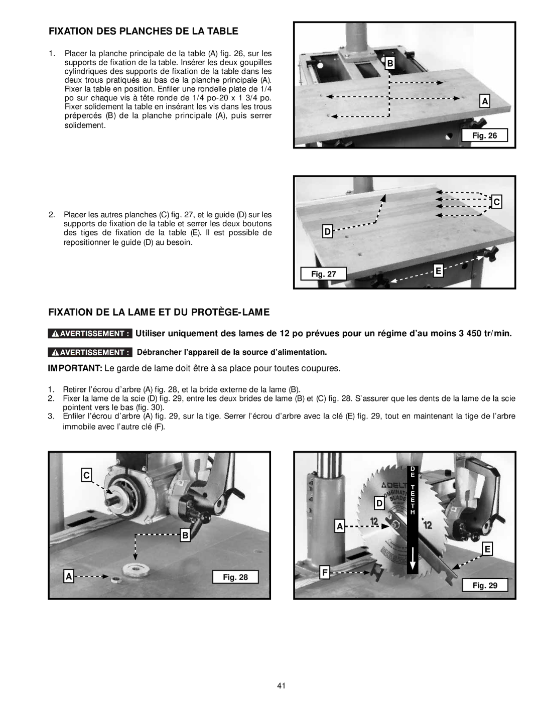 Delta 33-890, 33-892, 33-895X, 33-891 Fixation DES Planches DE LA Table, Fixation DE LA Lame ET DU PROTÈGE-LAME 