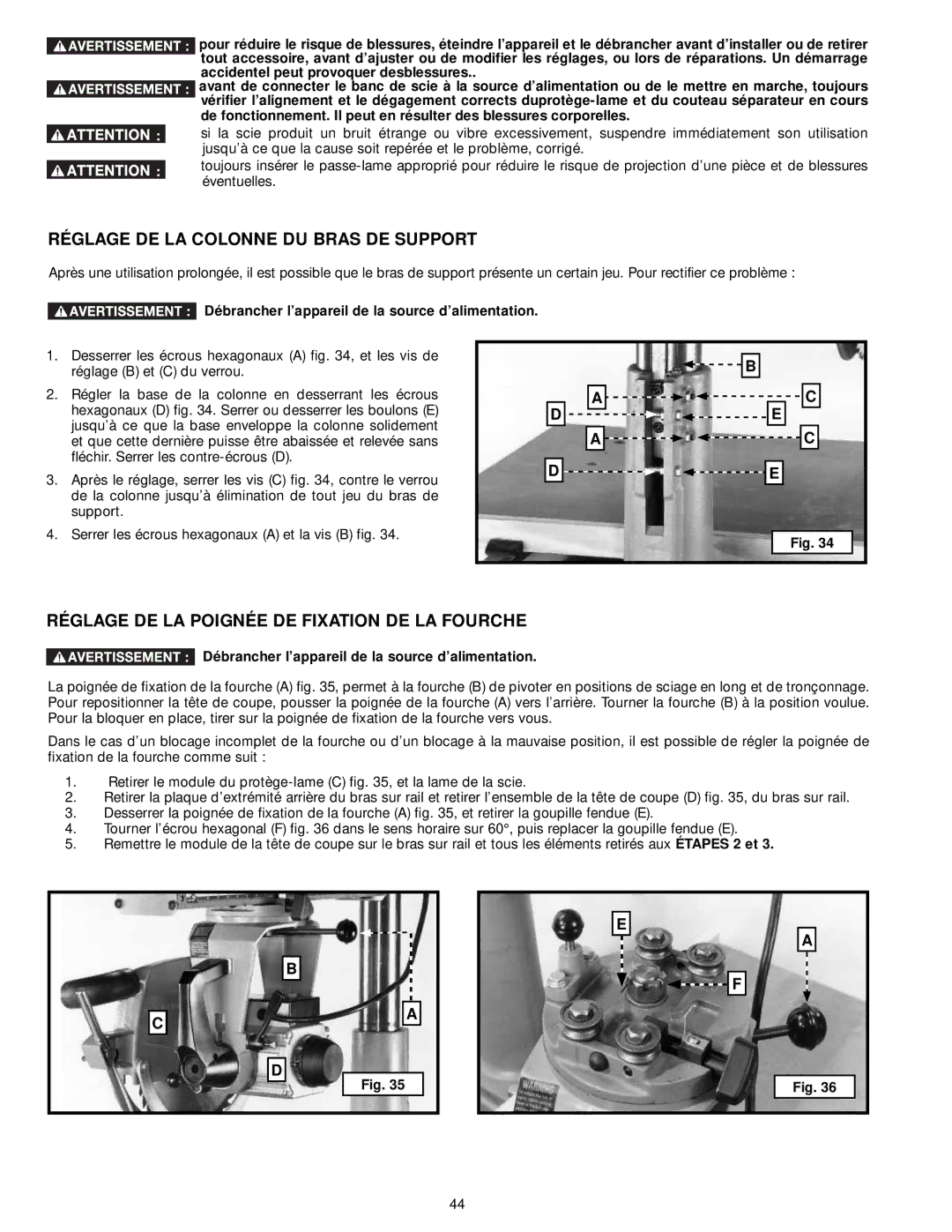 Delta 33-892, 33-890, 33-895X Réglage DE LA Colonne DU Bras DE Support, Réglage DE LA Poignée DE Fixation DE LA Fourche 