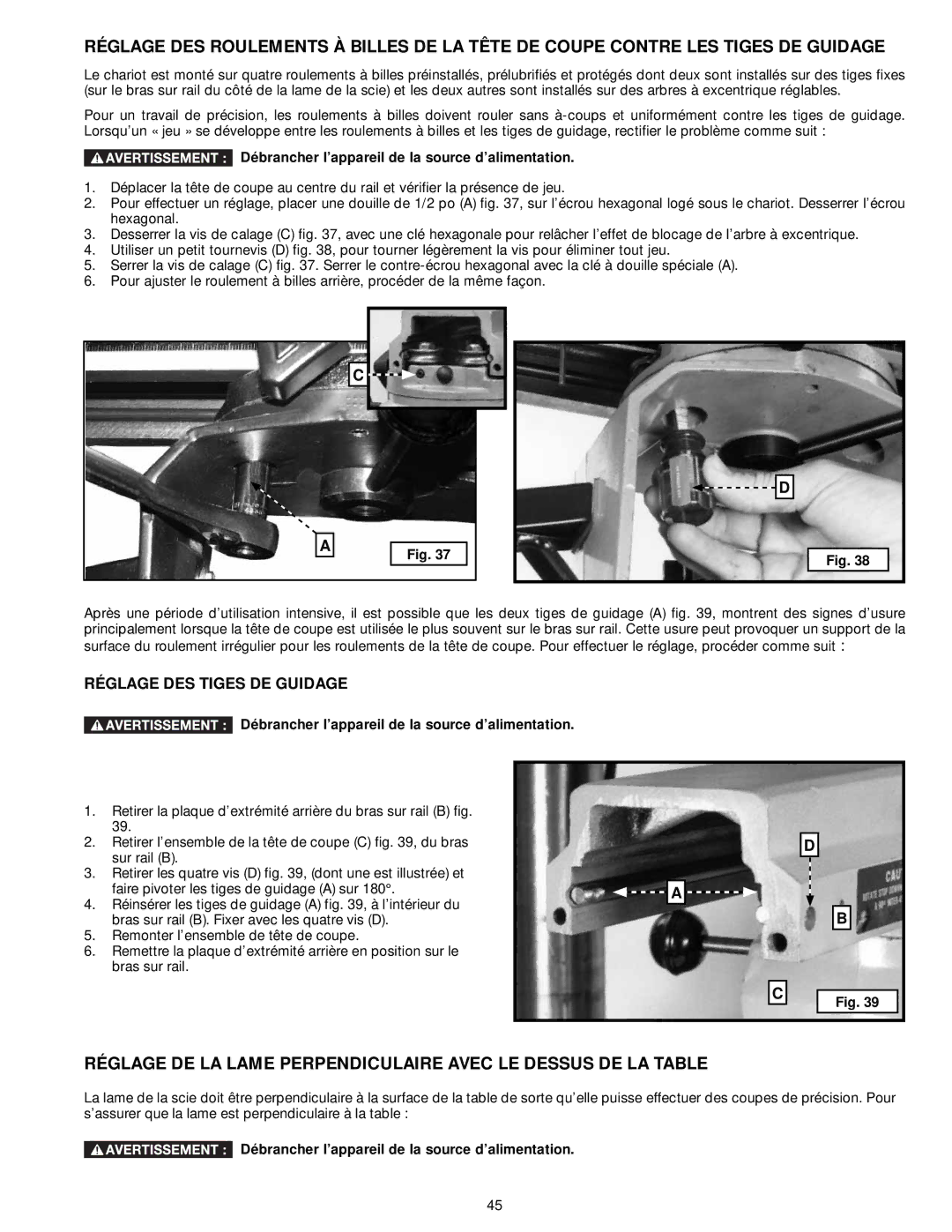 Delta 33-890, 33-892, 33-895X, 33-891 instruction manual Réglage DES Tiges DE Guidage 