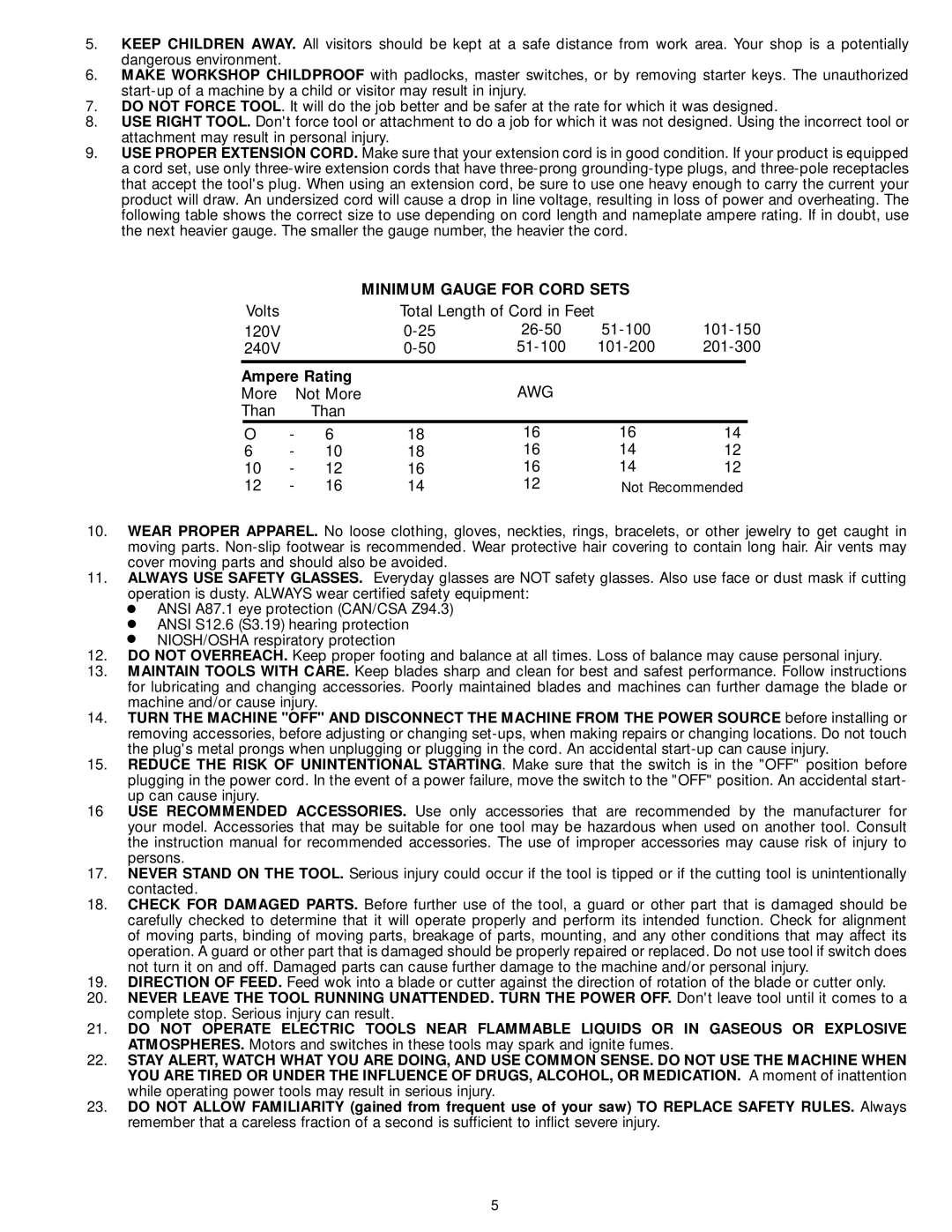 Delta 33-890, 33-892, 33-895X, 33-891 instruction manual Minimum Gauge for Cord Sets, Ampere Rating 