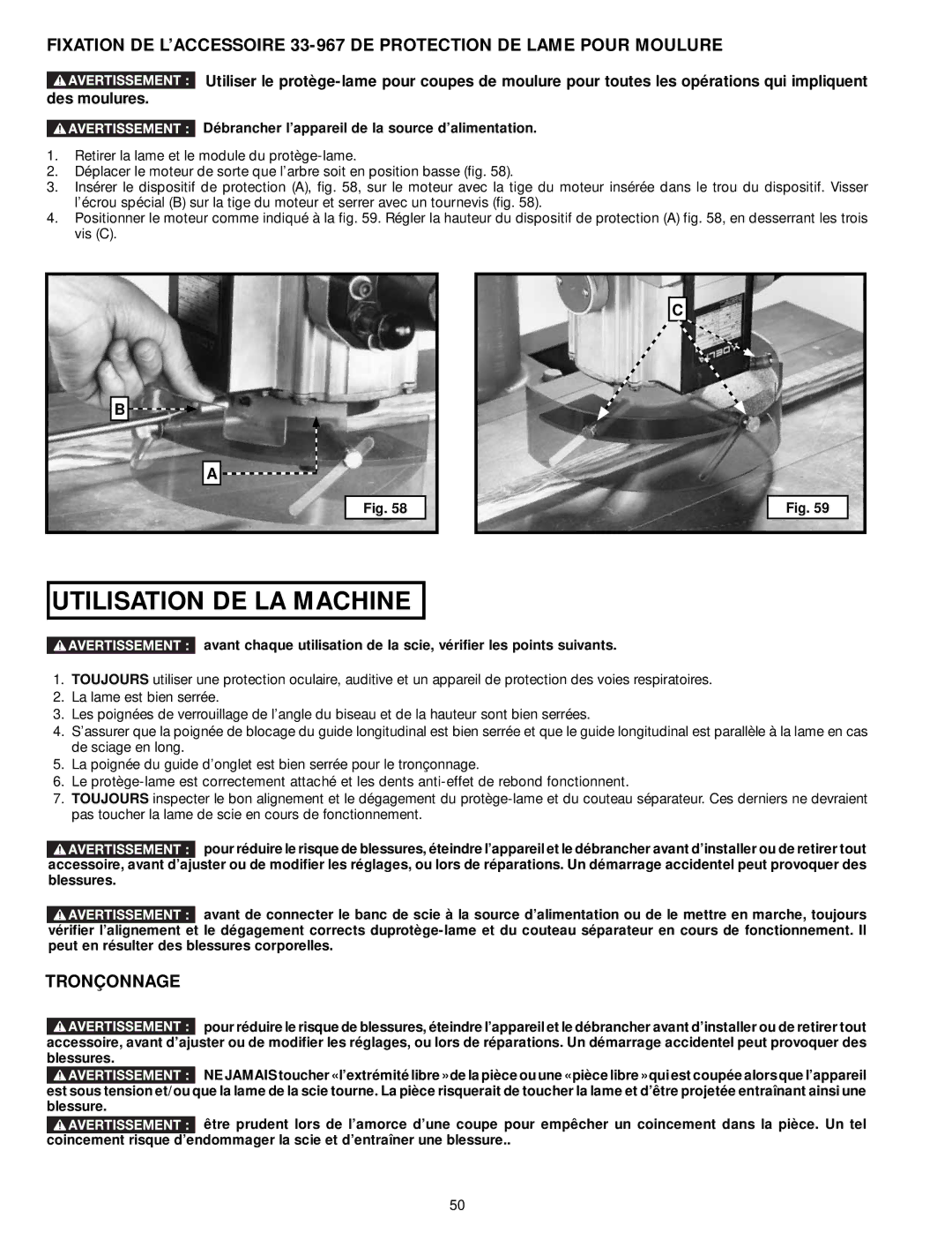 Delta 33-895X, 33-892, 33-890, 33-891 instruction manual Utilisation DE LA Machine, Tronçonnage 