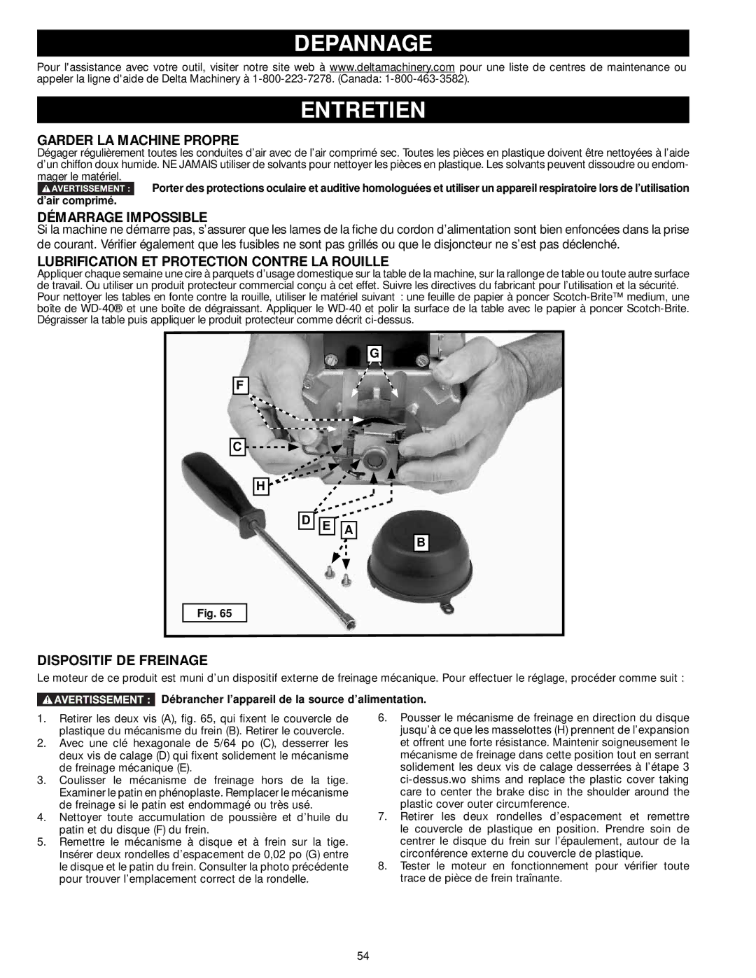 Delta 33-895X, 33-892, 33-890 Depannage Entretien, Garder LA Machine Propre, Démarrage Impossible, Dispositif DE Freinage 