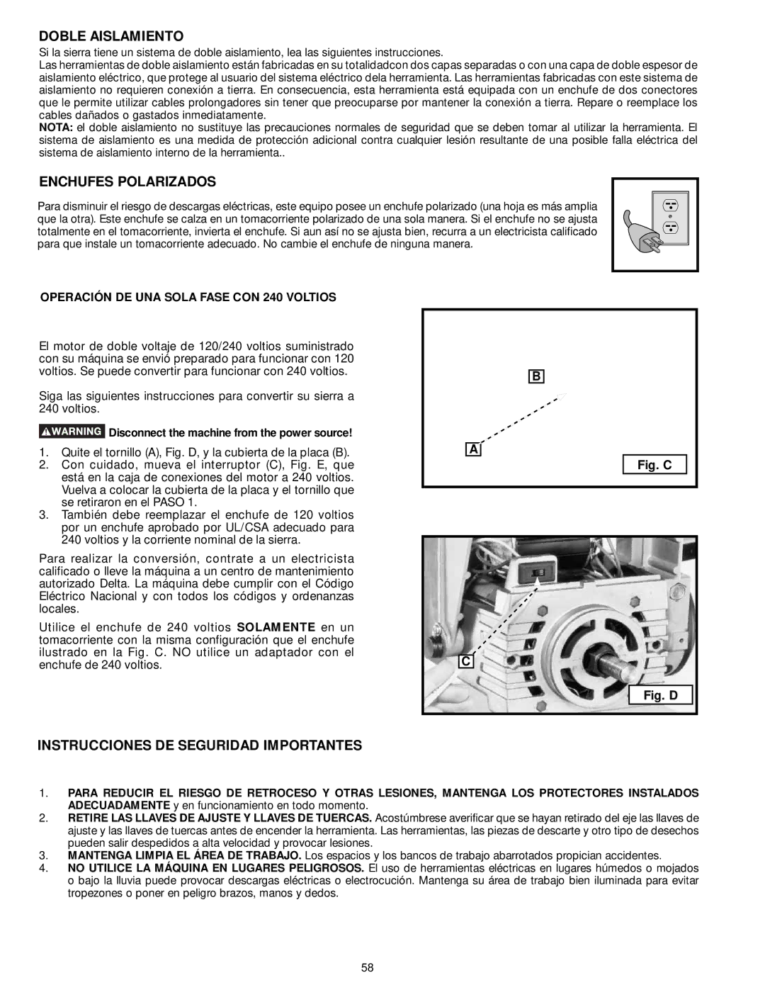 Delta 33-895X Doble Aislamiento, Instrucciones DE Seguridad Importantes, Operación DE UNA Sola Fase CON 240 Voltios 