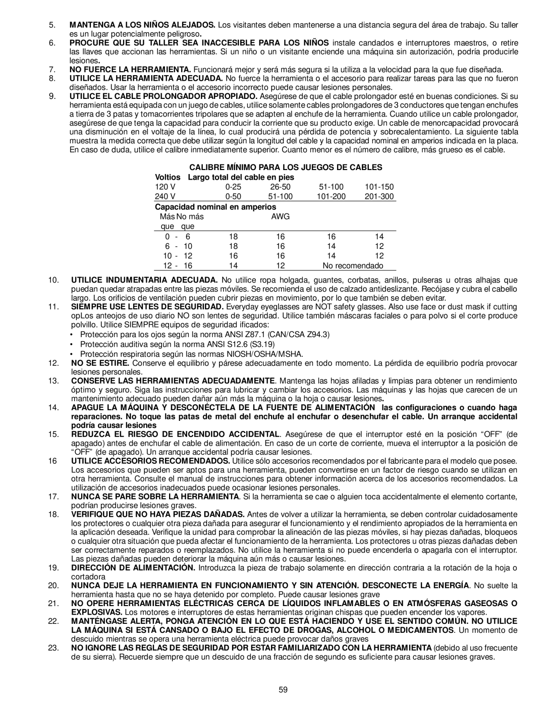 Delta 33-891, 33-892, 33-890, 33-895X instruction manual Calibre Mínimo Para LOS Juegos DE Cables 