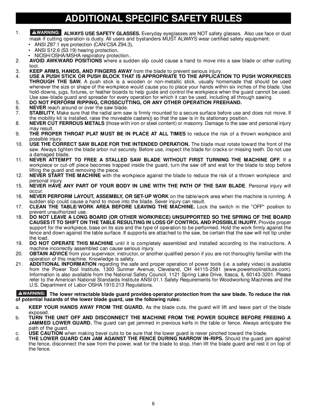 Delta 33-895X, 33-892, 33-890, 33-891 instruction manual Additional Specific Safety Rules 