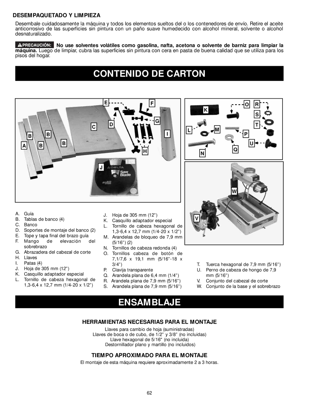 Delta 33-895X, 33-892 Contenido DE Carton, Ensamblaje, Desempaquetado Y Limpieza, Herramientas Necesarias Para EL Montaje 