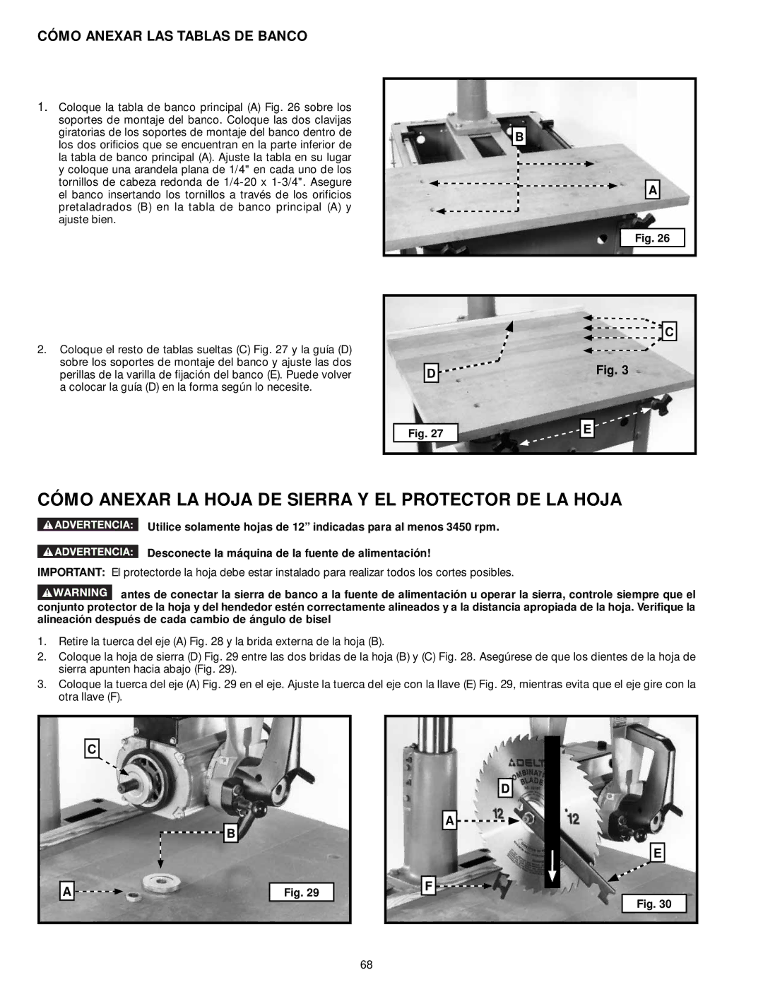 Delta 33-892, 33-890, 33-895X Cómo Anexar LA Hoja DE Sierra Y EL Protector DE LA Hoja, Cómo Anexar LAS Tablas DE Banco 