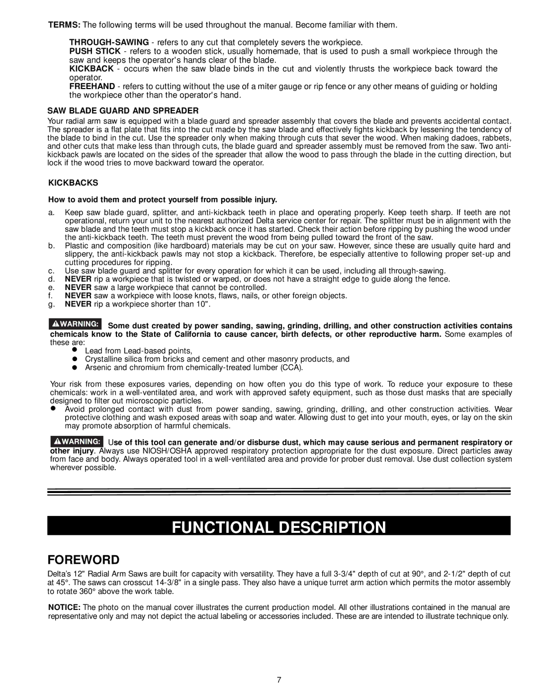 Delta 33-891, 33-892, 33-890, 33-895X Functional Description, Foreword, SAW Blade Guard and Spreader, Kickbacks 