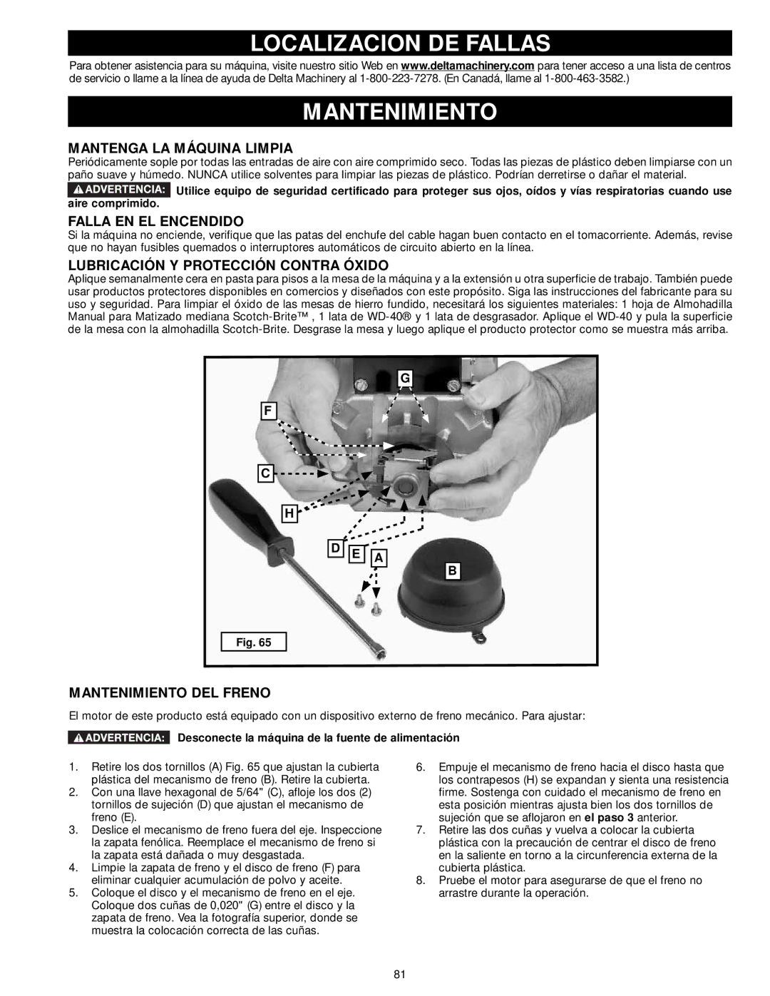 Delta 33-890, 33-892, 33-895X Localizacion DE Fallas Mantenimiento, Mantenga LA Máquina Limpia, Falla EN EL Encendido 