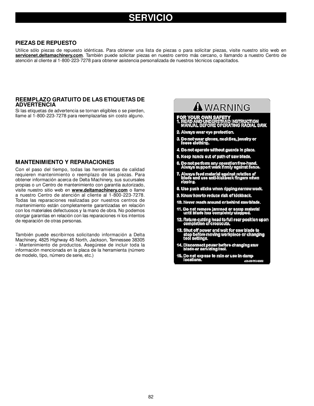 Delta 33-895X, 33-892, 33-890, 33-891 Servicio, Piezas DE Repuesto, Reemplazo Gratuito DE LAS Etiquetas DE Advertencia 