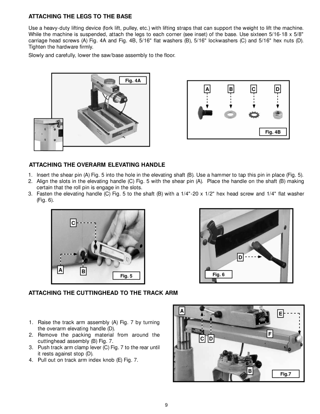 Delta 33-890, 33-892, 33-895X, 33-891 Attaching the Legs to the Base, Attaching the Overarm Elevating Handle 