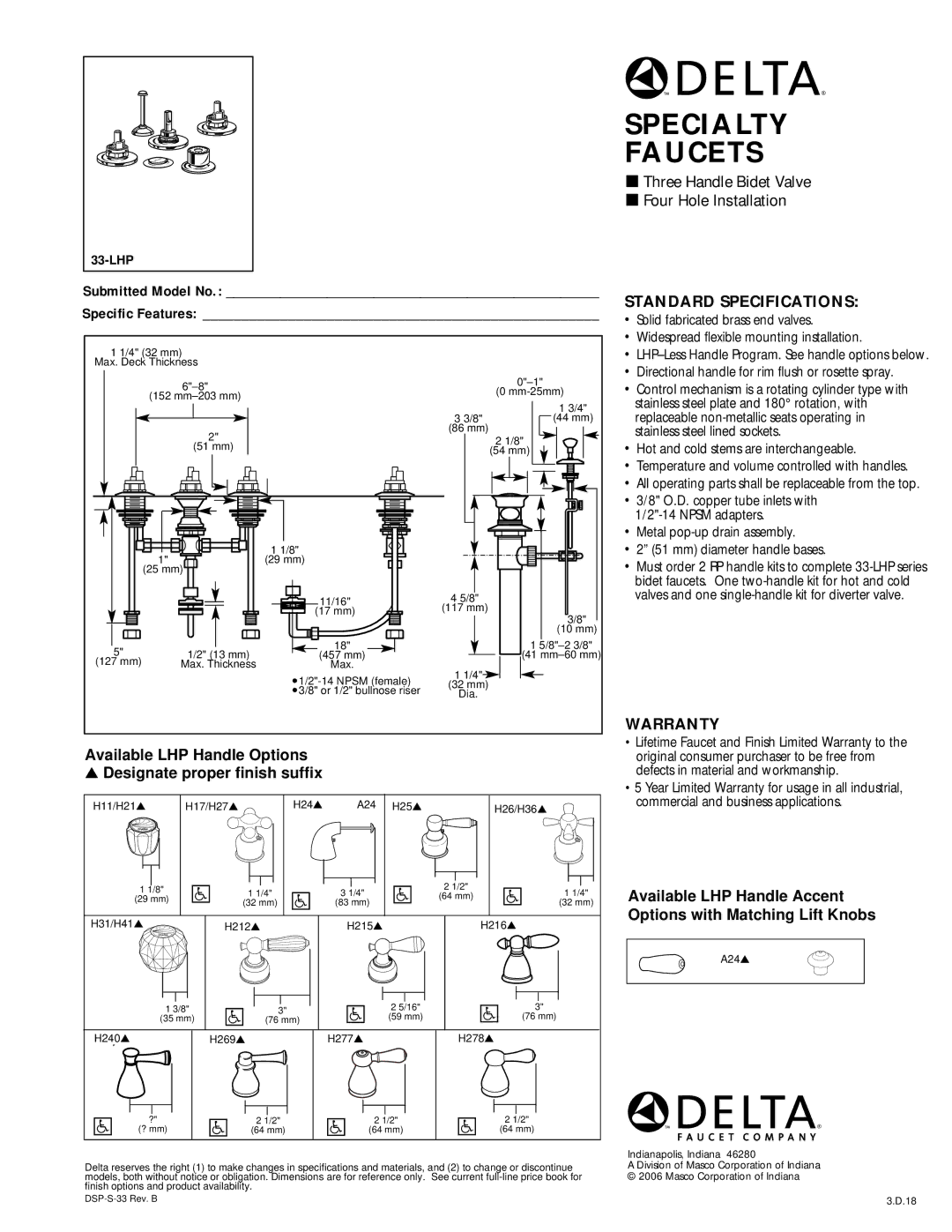 Delta 33-LHP Series warranty Specialty Faucets, Three Handle Bidet Valve Four Hole Installation, Standard Specifications 