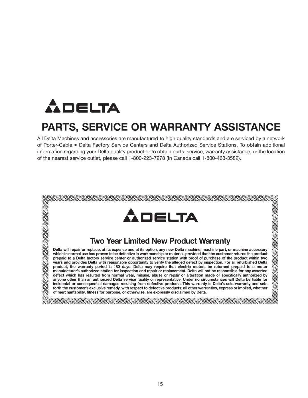 Delta 34-555 instruction manual PARTS, Service or Warranty Assistance 