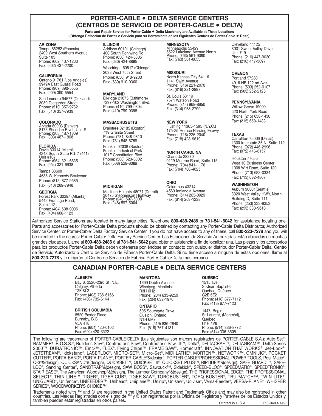 Delta 34-555 instruction manual Canadian PORTER-CABLE Delta Service Centers 