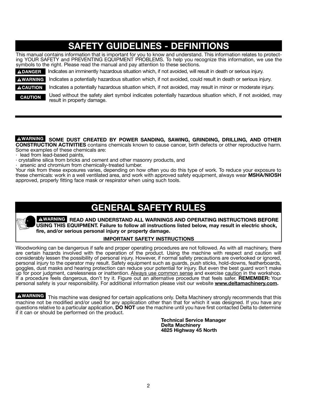 Delta 34-555 instruction manual Safety Guidelines Definitions, Important Safety Instructions 