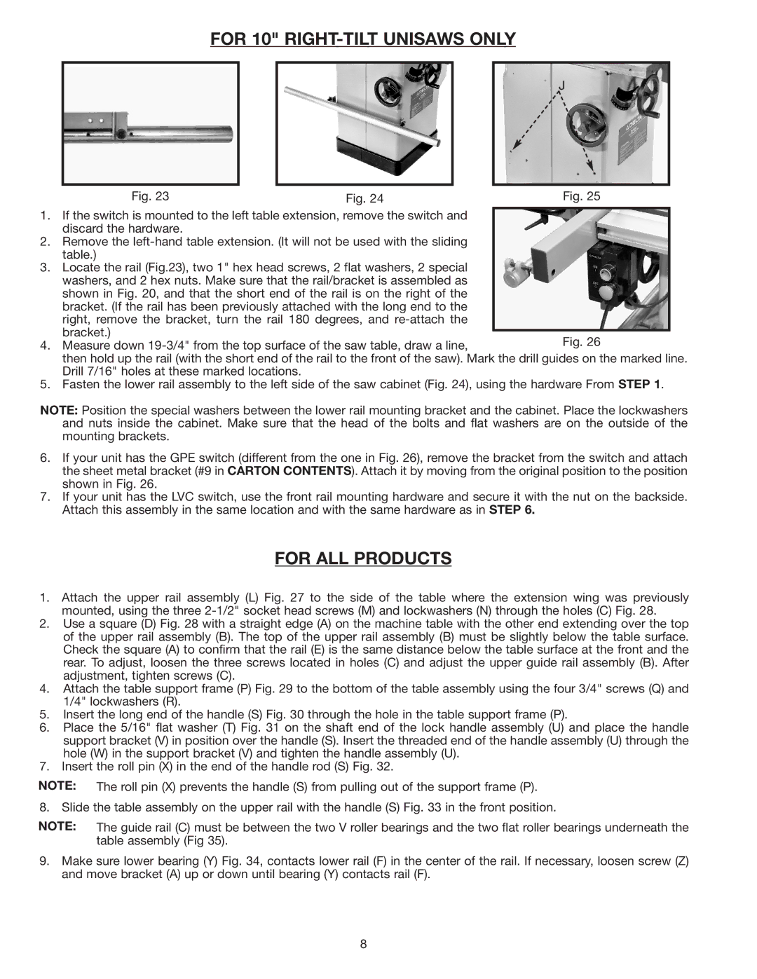 Delta 34-555 instruction manual For 10 RIGHT-TILT Unisaws only, For ALL Products 