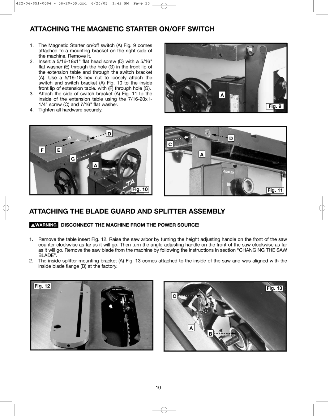 Delta 34-806, 34-814, 34-801 Attaching the Magnetic Starter ON/OFF Switch, Attaching the Blade Guard and Splitter Assembly 