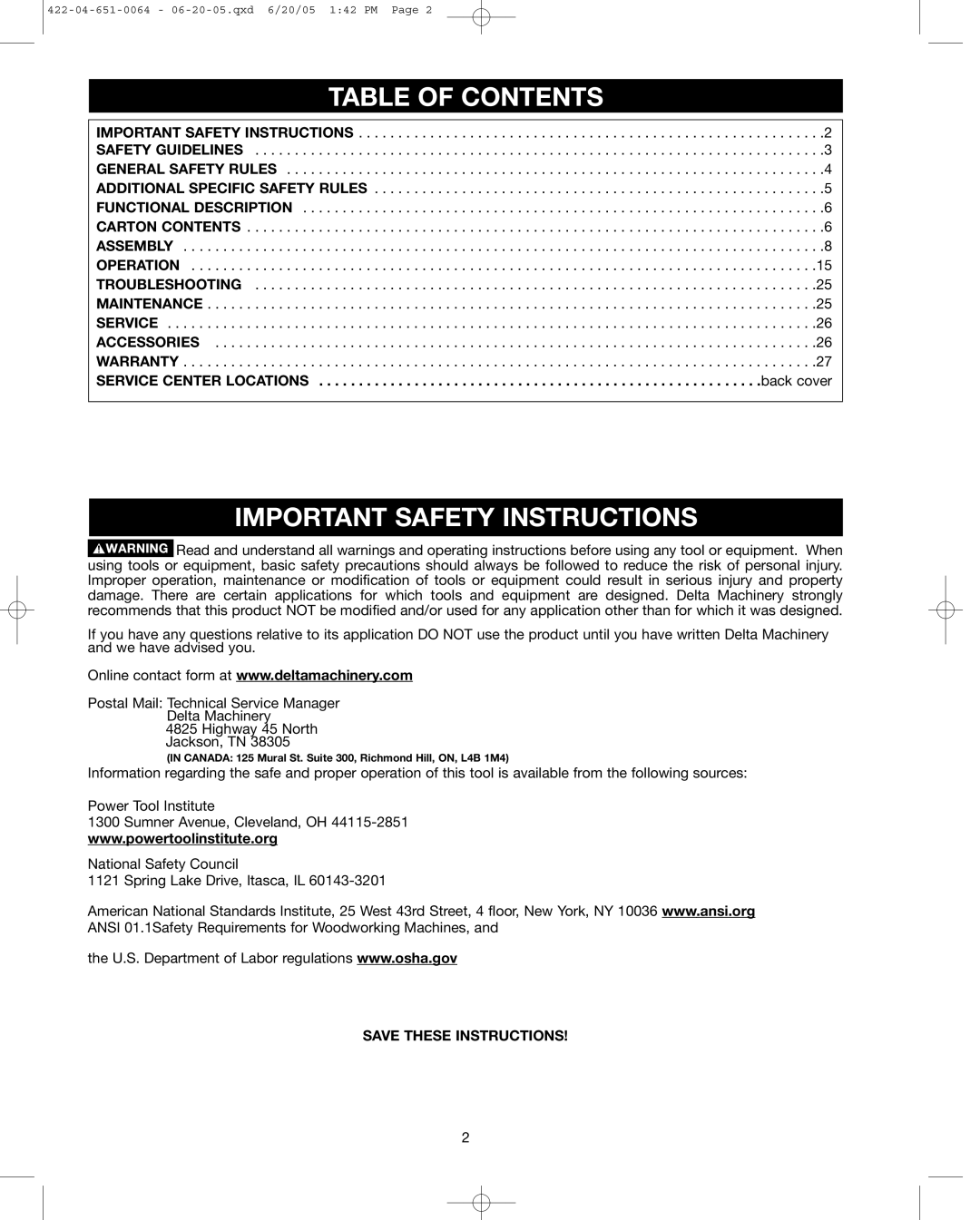 Delta 34-801, 34-814, 34-806 instruction manual Table of Contents, Important Safety Instructions 