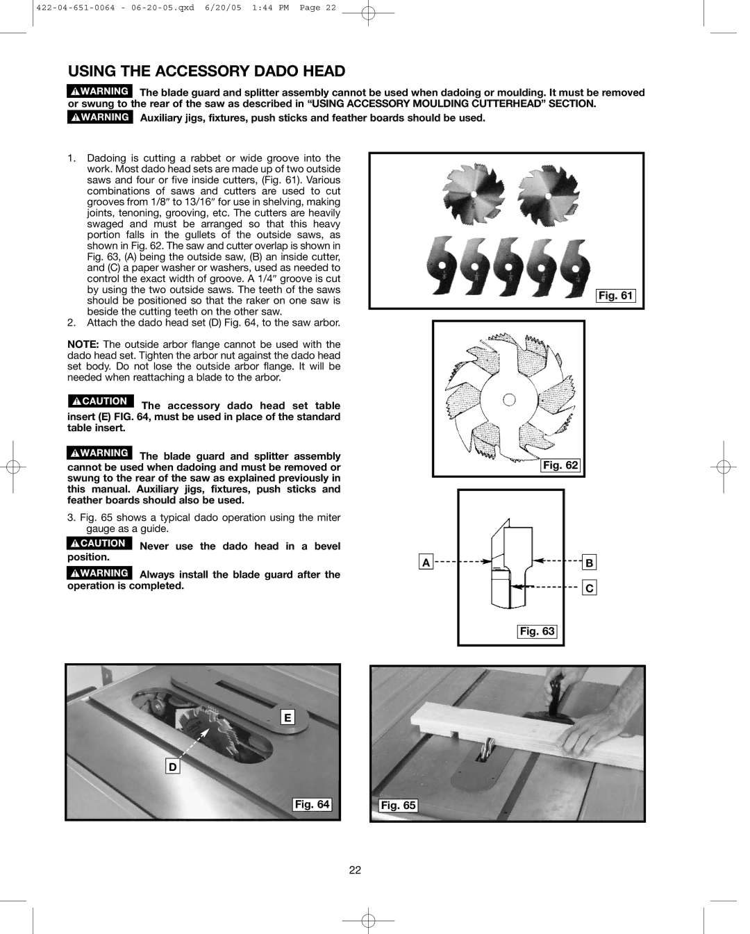 Delta 34-806, 34-814, 34-801 instruction manual Using the Accessory Dado Head 