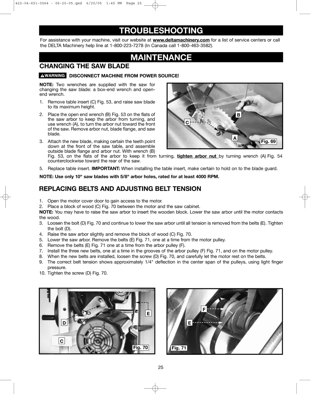 Delta 34-806, 34-814 Troubleshooting Maintenance, Changing the SAW Blade, Replacing Belts and Adjusting Belt Tension 