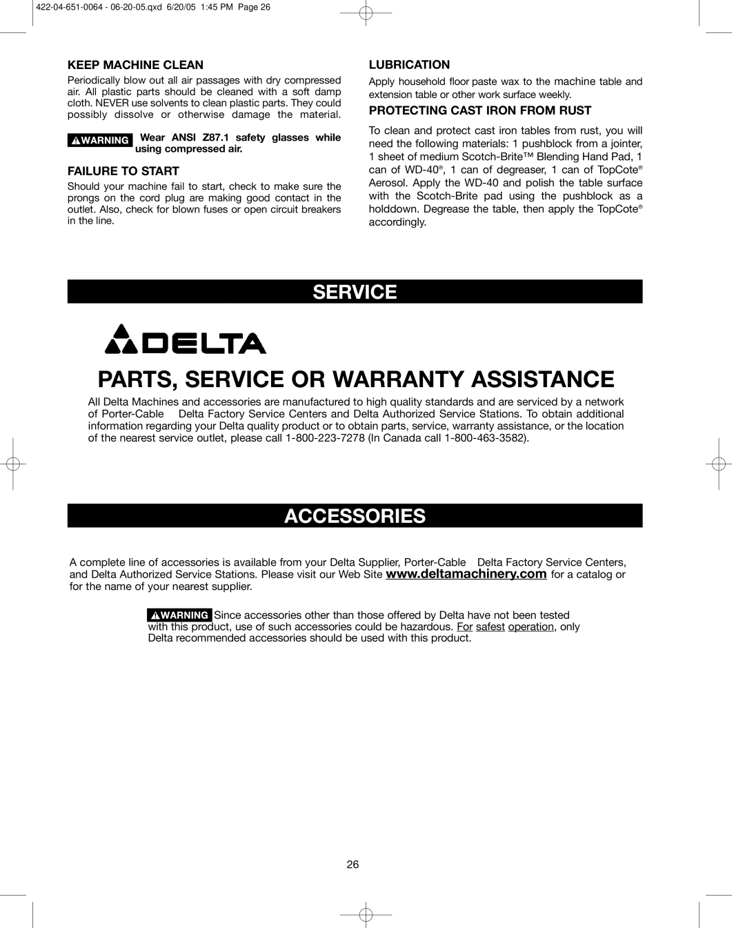 Delta 34-801, 34-814, 34-806 instruction manual Service, Accessories 