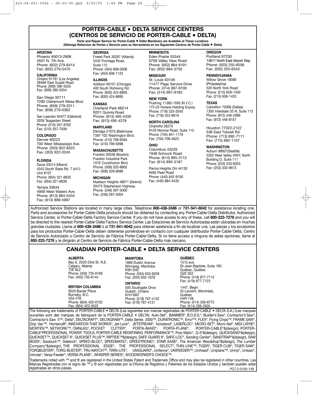 Delta 34-806, 34-814, 34-801 instruction manual Canadian PORTER-CABLE Delta Service Centers 