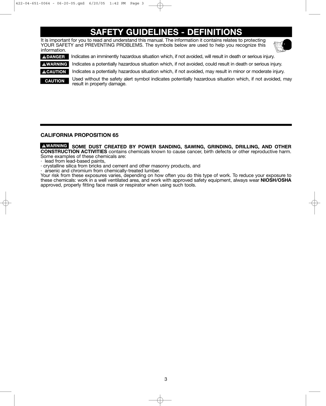 Delta 34-814, 34-806, 34-801 instruction manual Safety Guidelines Definitions, California Proposition 