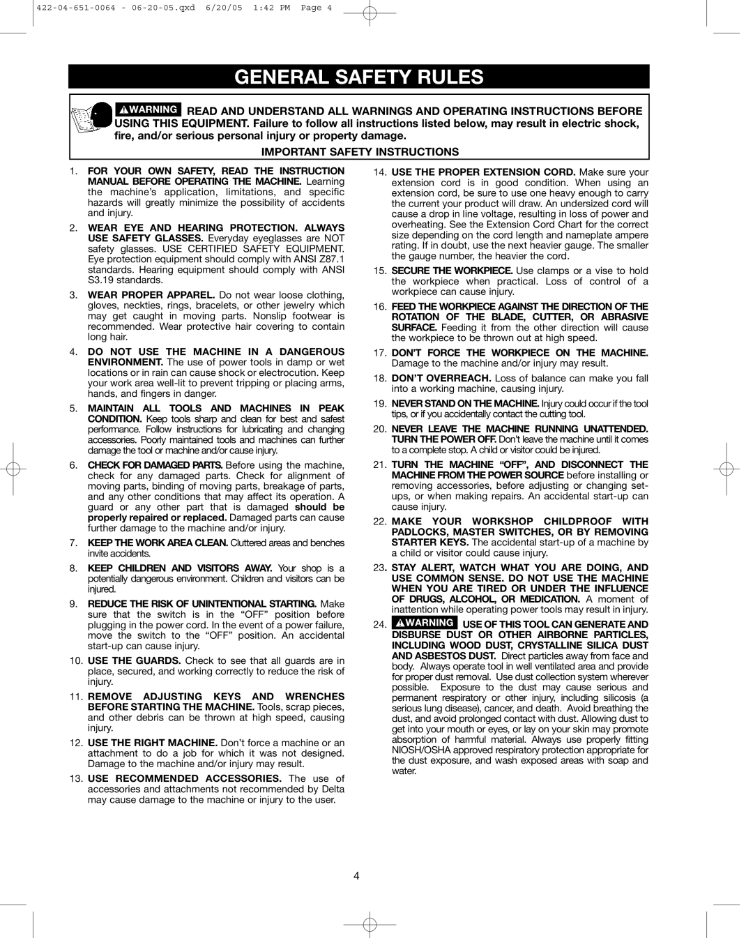 Delta 34-806, 34-814, 34-801 instruction manual General Safety Rules, Important Safety Instructions 