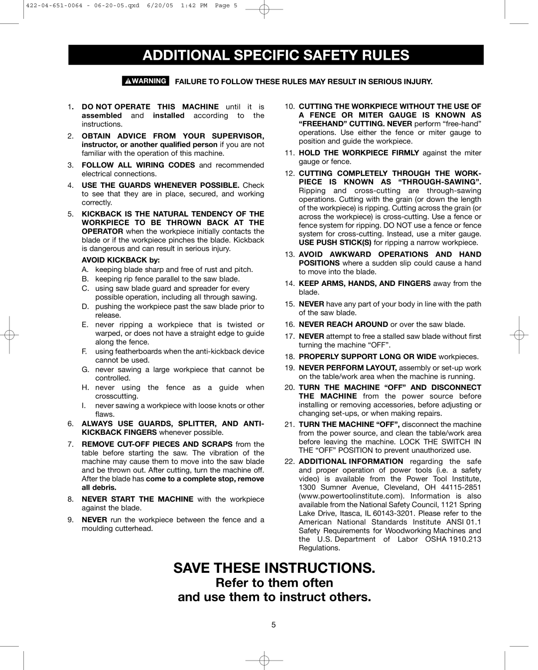 Delta 34-801, 34-814, 34-806 Additional Specific Safety Rules, Failure to Follow These Rules MAY Result in Serious Injury 