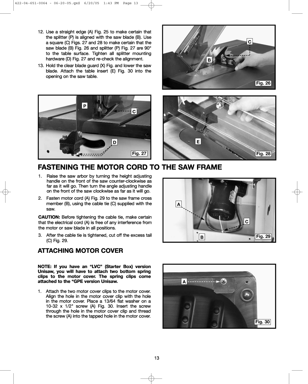 Delta 34-806, 34-814, 34-801 instruction manual Fastening The Motor Cord To The Saw Frame, Attaching Motor Cover, P C D 