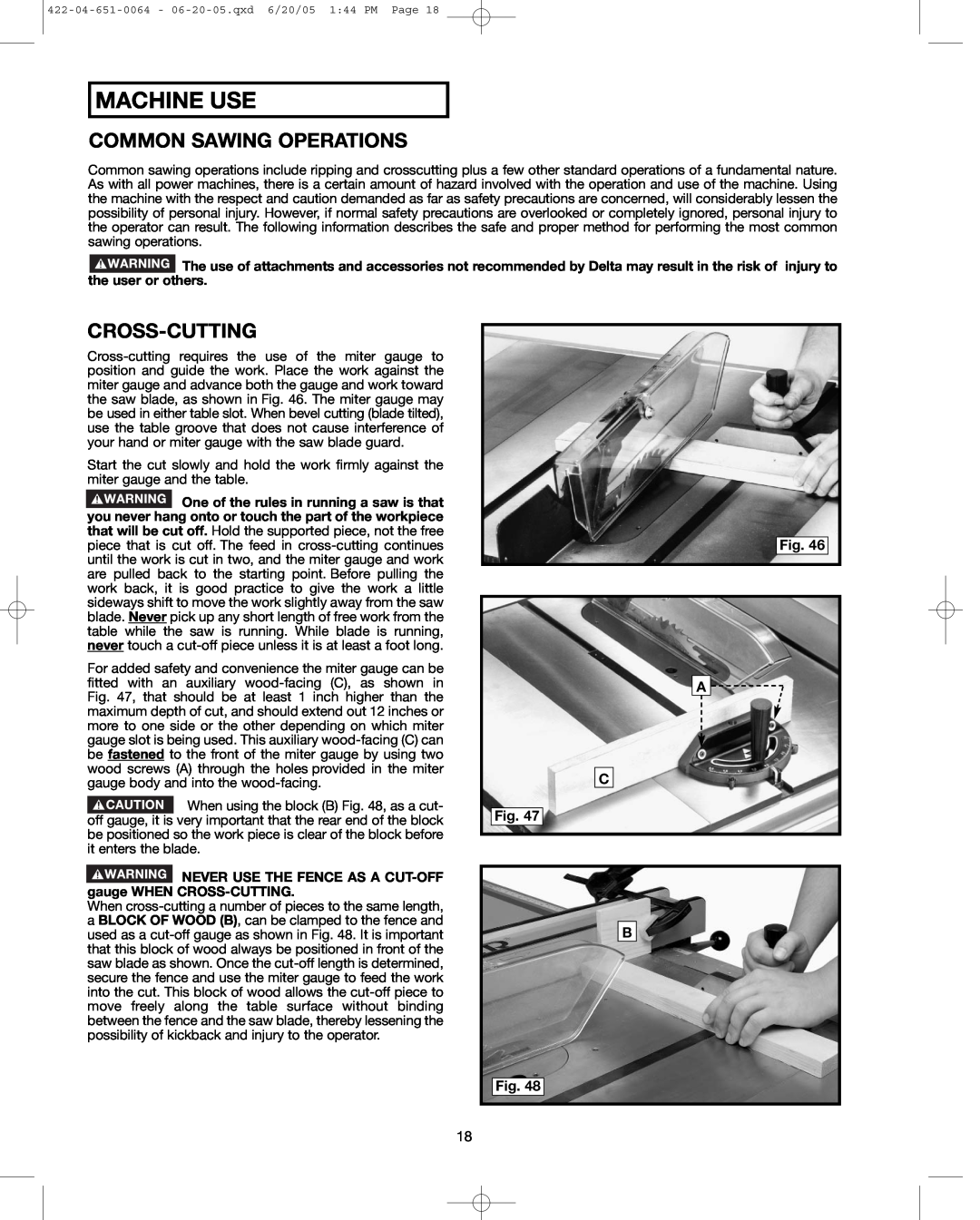 Delta 34-814, 34-806, 34-801 instruction manual Machine Use, Common Sawing Operations, Cross-Cutting 