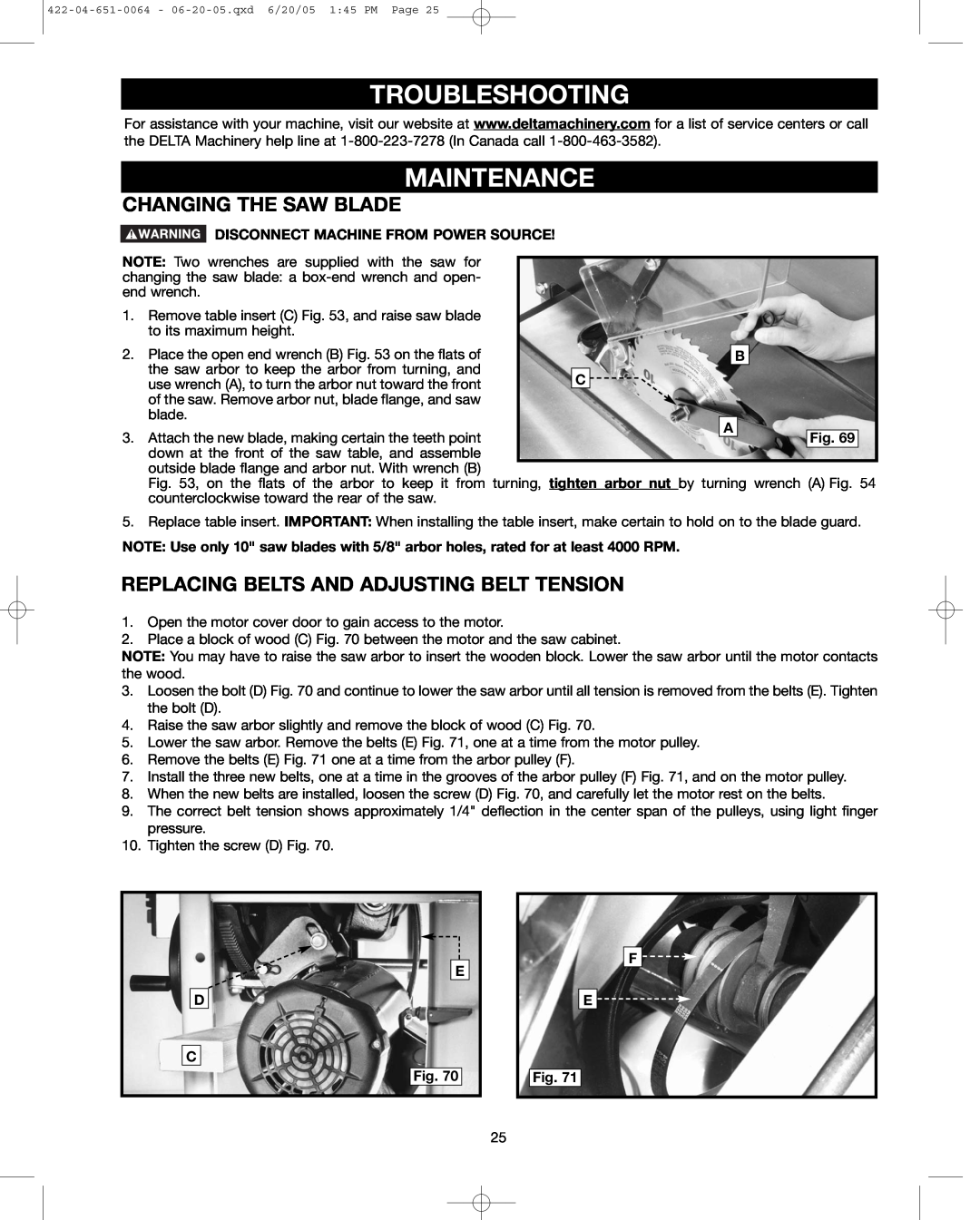 Delta 34-806, 34-814 Troubleshooting, Maintenance, Changing The Saw Blade, Replacing Belts And Adjusting Belt Tension 