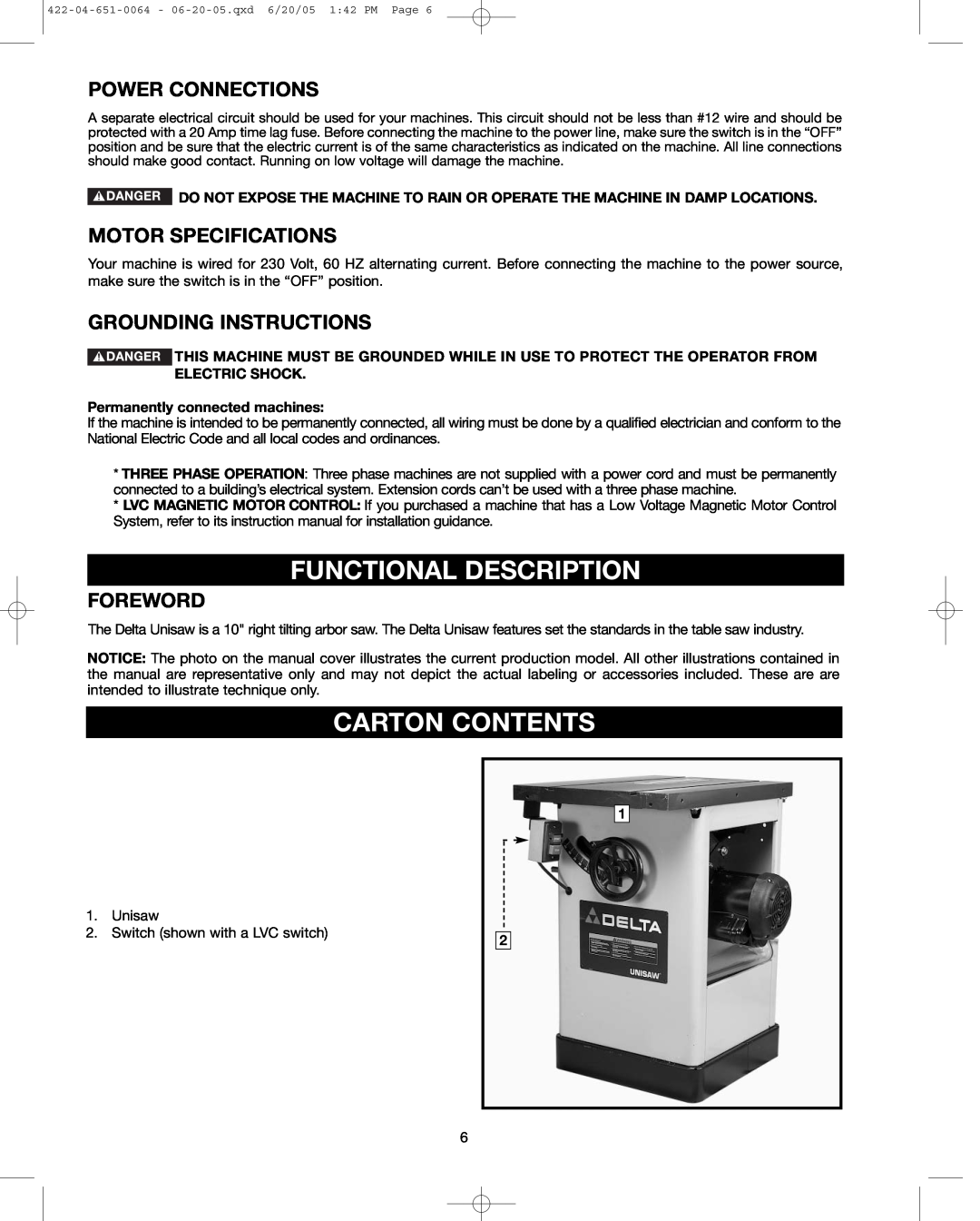 Delta 34-814 Functional Description, Carton Contents, Power Connections, Motor Specifications, Grounding Instructions 