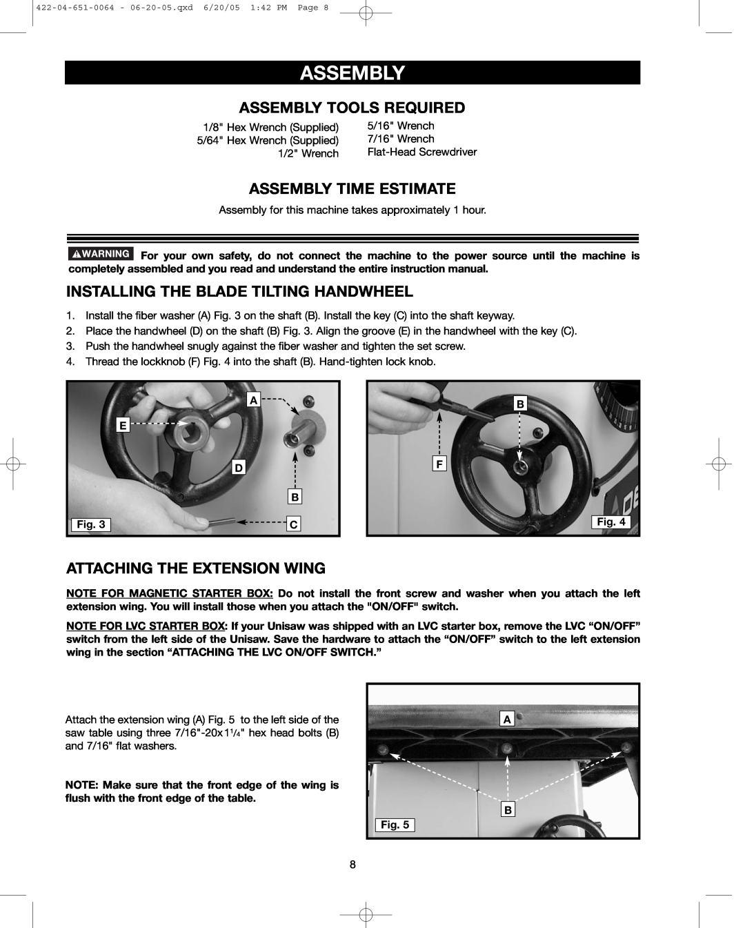 Delta 34-801 Assembly Tools Required, Assembly Time Estimate, Installing The Blade Tilting Handwheel, A E D B C 